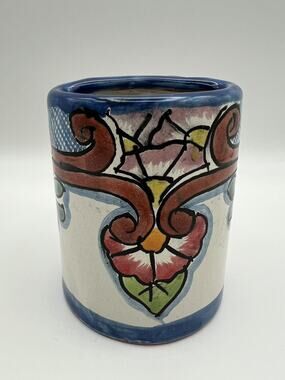 Talavera Mexican Art Pottery Hand Painted Toothbrush Holder Blue w Flowers 4.25”